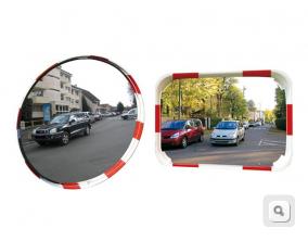 Lustra drogowe Polymir, lustra na skrzyżowaniu z biało-czerwoną cienką ramę, lustra poprawiające widoczność na słupku,